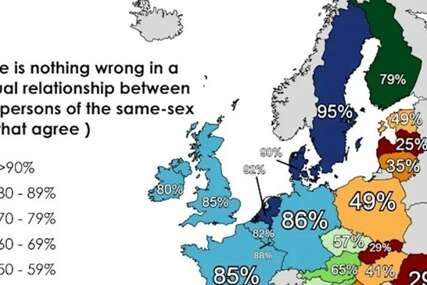 Mapa postotka ljudi u evropskim državama koji smatraju da je istospolni odnos normalan