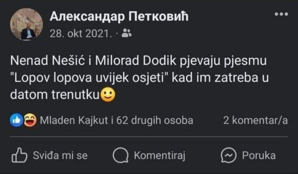 Aleksandar Petković post na Facebooku