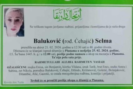 Danas dženaza ubijenoj Tuzlanki Selmi Baluković