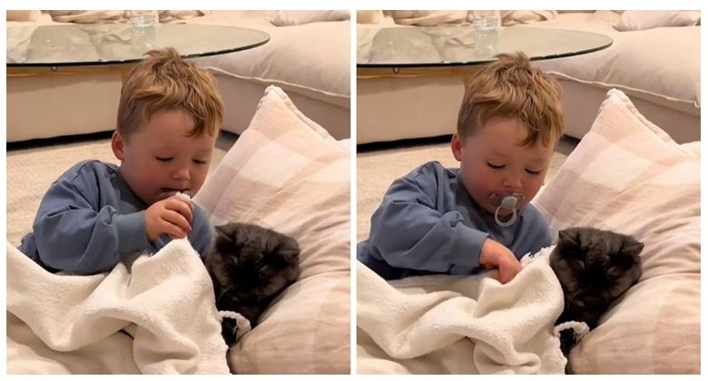 dječak ušuškao mačka u krevet