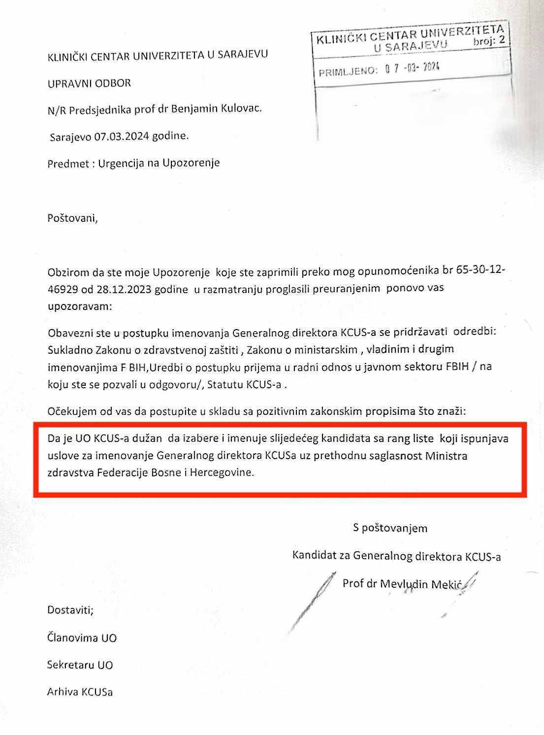FOTO: DOPIS MEVLUDINA MEKIĆA ČLANOVIMA UO KCUS-A IZ MARTA OVE GODINE

