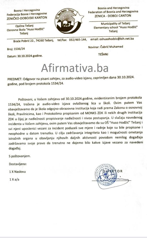 FOTO: ODGOVOR OŠ “HUSO HODŽIĆ” NA UPIT AFIRMATIVE. AFIRMATIVA.BA