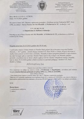 FOTO: UVJERENJE PU TEŠANJ: POGREŠAN DATUM INCIDENTA. AFIRMATIVA.BA