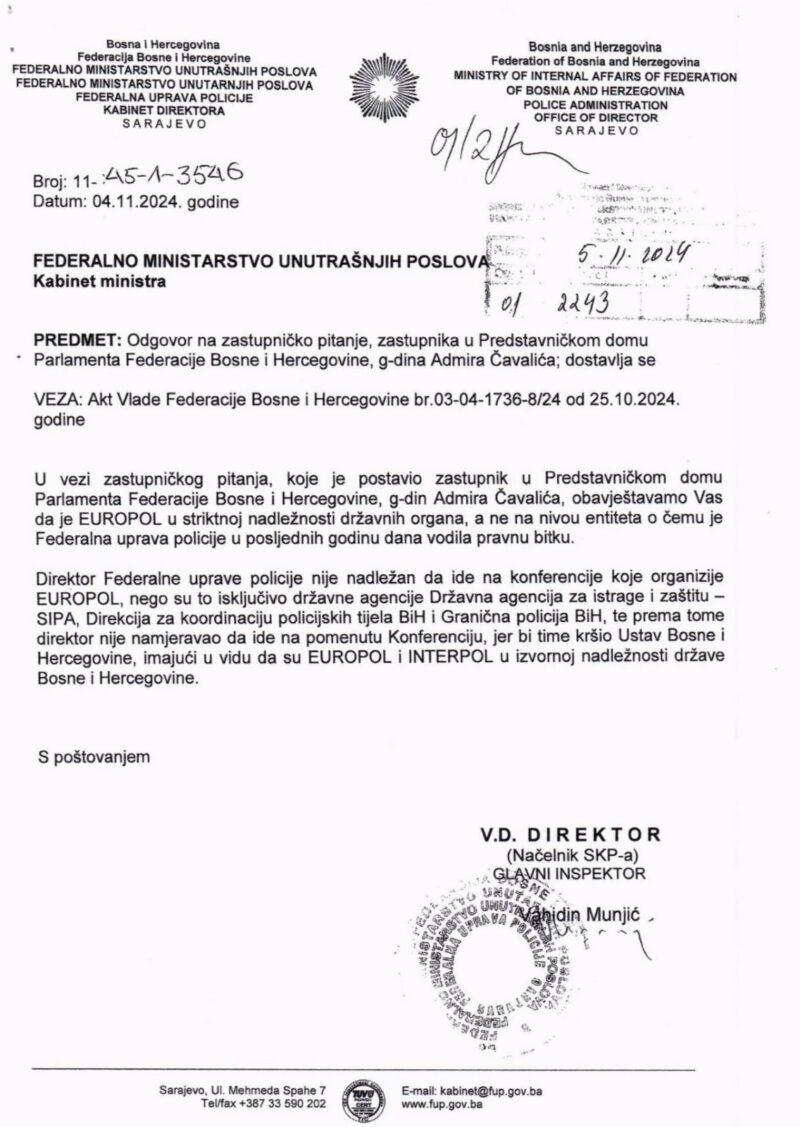 FOTO: ODGOVOR VAHIDINA MUNJIĆA NA ZASTUPNIČKO PITANJE ADMIRA ČAVALIĆA