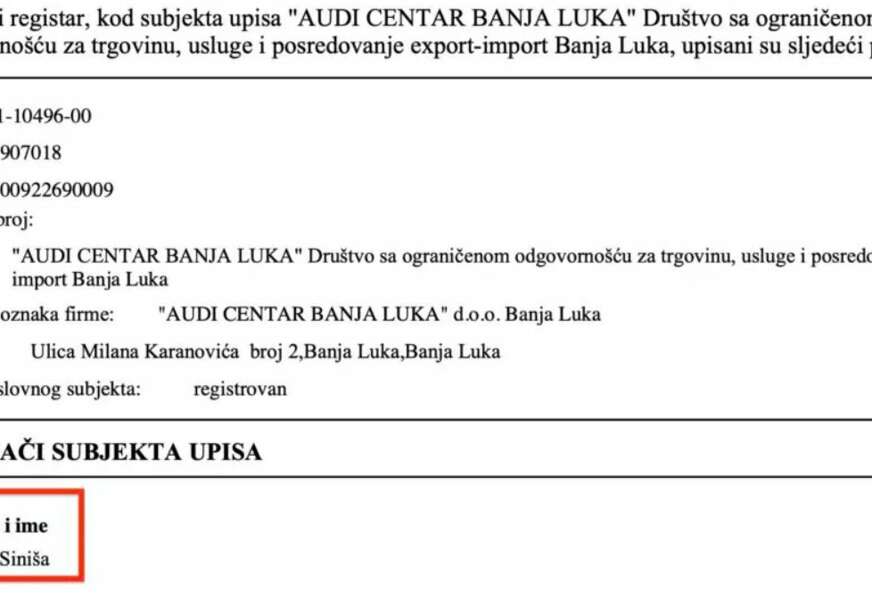 FOTO: FAKSMIL IZ REGISTRA AUDI CENTRA BANJA LUKA