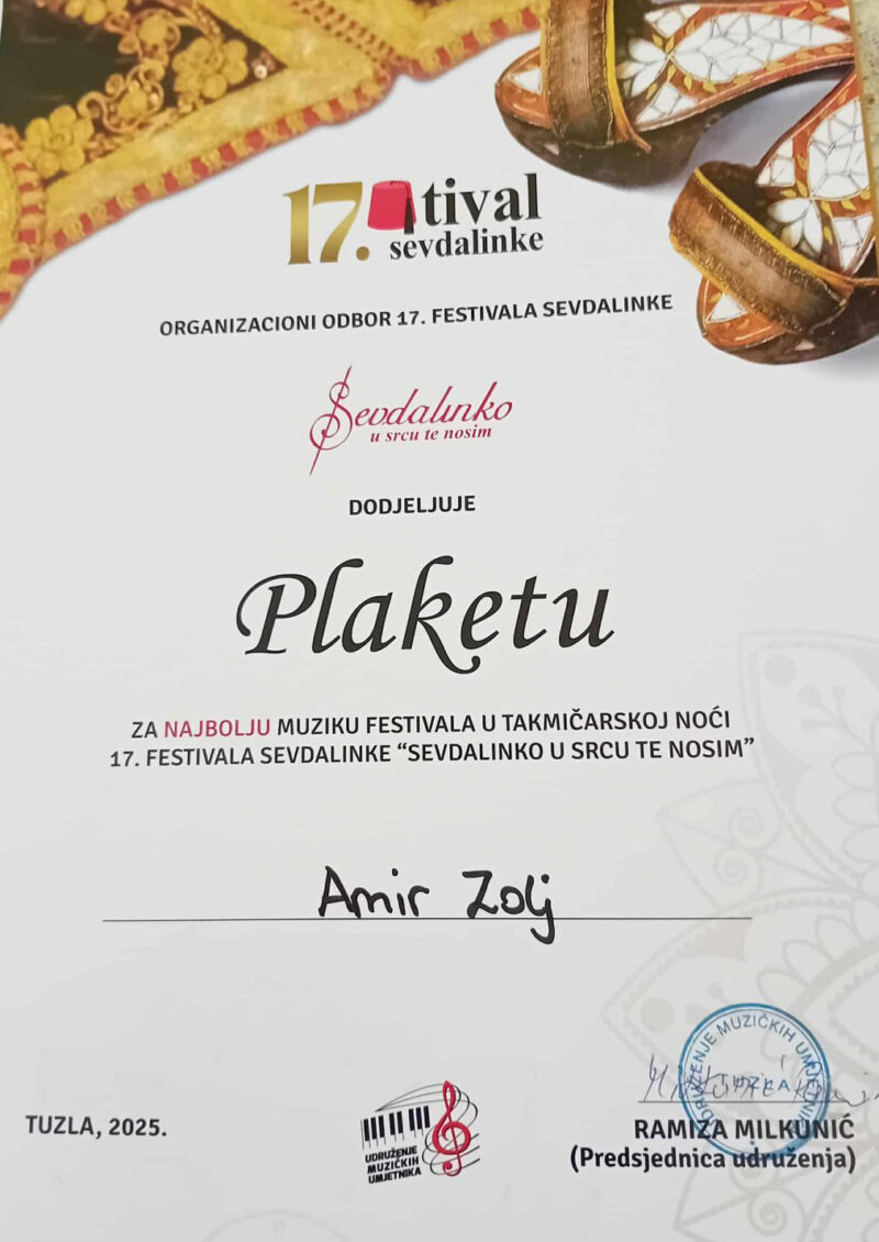 FOTO: PLAKETA ZA NAJBOLJU MUZIKU AMIRU ZOLJU