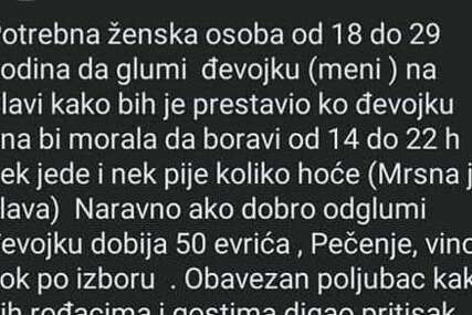 "Traži se ženska osoba da mi glumi djevojku od 17 do 22 sata da se rođacima i prijateljima digne pritisak. Javite se u inbox..."