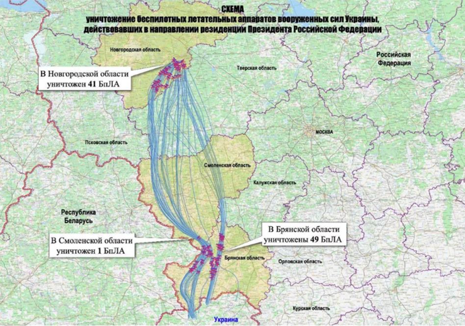 FOTO: PREMA KARTI, 49 DRONOVA JE UNIŠTENO U BRJANSKOJ OBLASTI, 41 U NOVGORODSKOJ OBLASTI I JEDAN U SMOLENSKOJ OBLASTI/RUSKO MINISTARSTVO OBRANE
