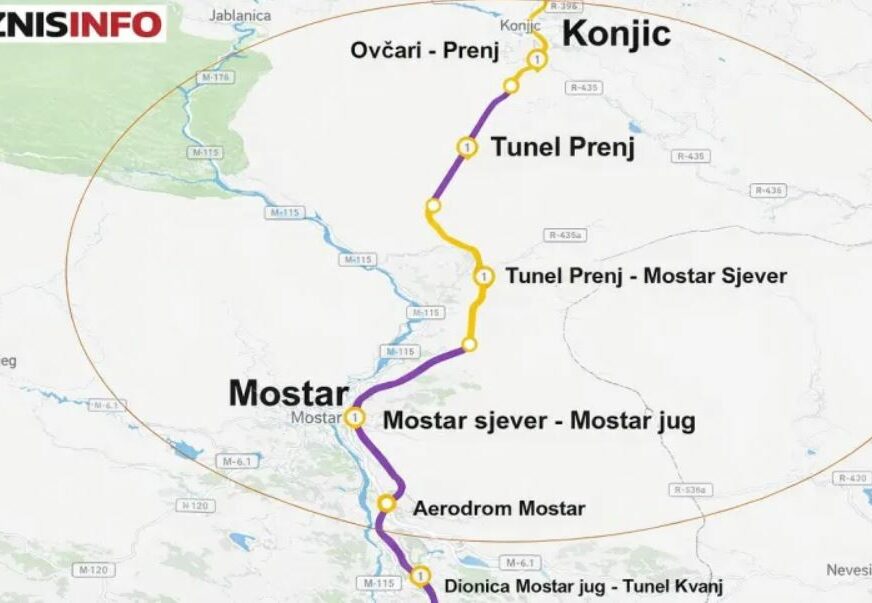 FOTO: GRAFIČKI PRIKAZ TRASE KORIDORA 5C IZMEĐU KONJICA I MOSTARA S KLJUČNIM DIONICAMA