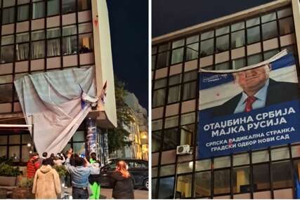 VIDEO Ljudi skinuli golemog Šešelja sa zgrade u Novom Sadu
